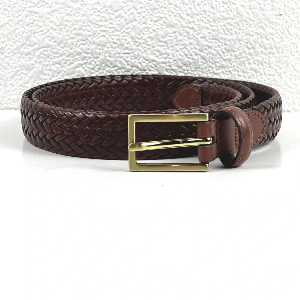 Braided Belt Mens SM 36 Brown‎ Bonded Leather Gold Buckle Woven Classic Preppy